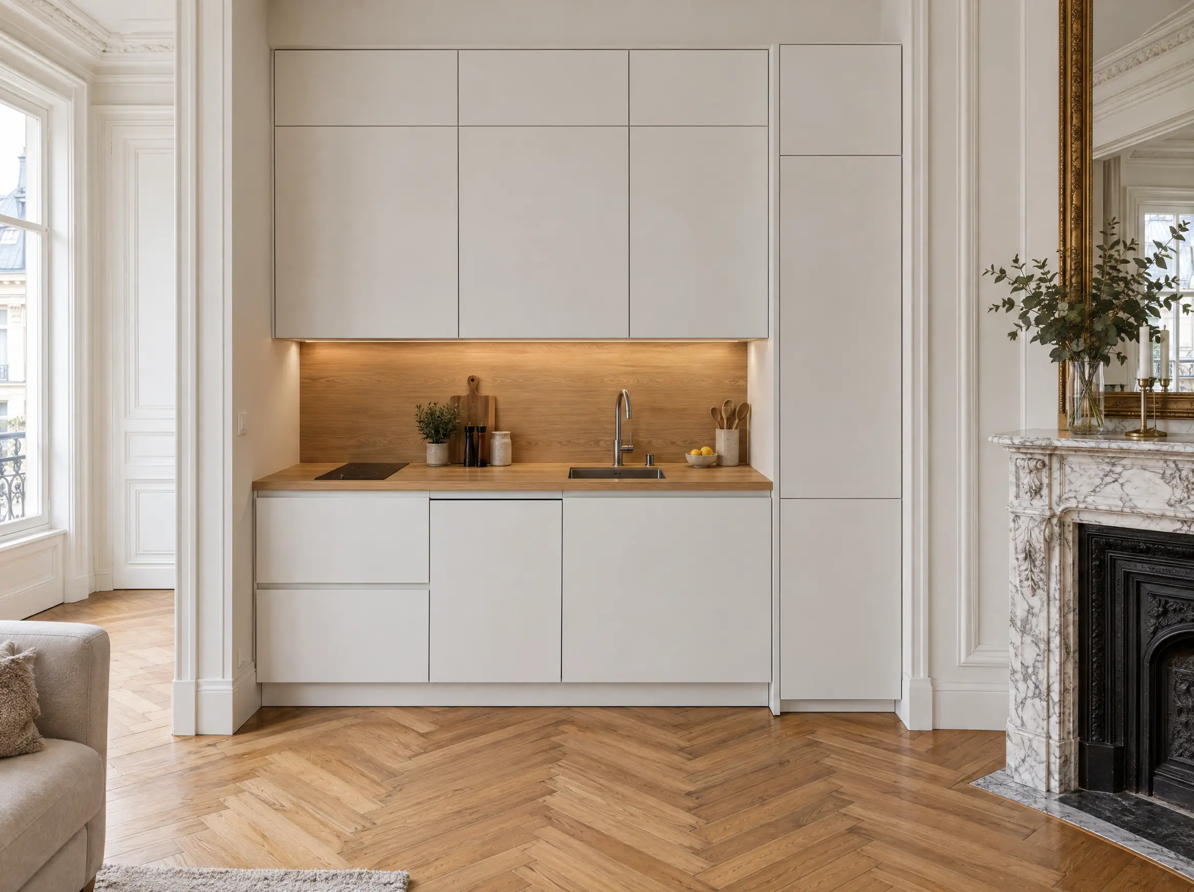Cuisine intégrée dans une alcôve de salon
